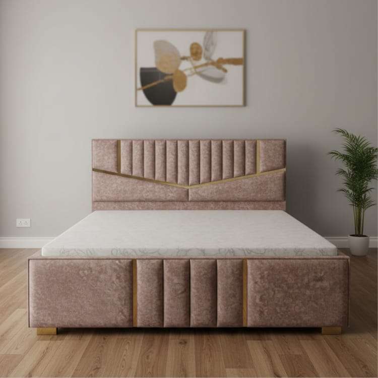 Cream King Size Bed with Designer Headboard and Storage